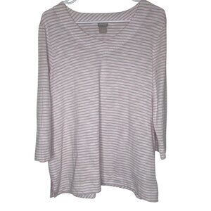 Chicos Top Womens Size 2 Large Pink & White Striped 3/4 Sleeve Cotton Bend Casua